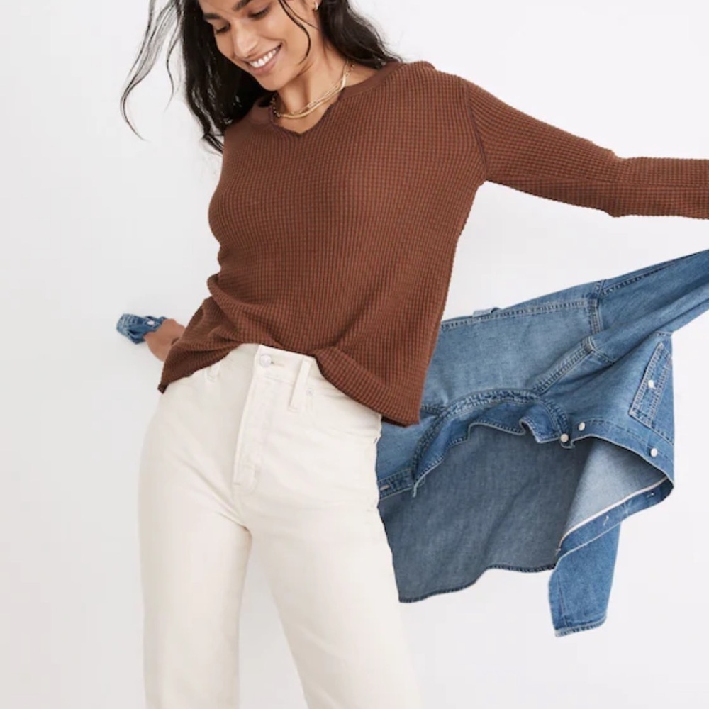 Madewell Waffle Split Neck Crop Tee Long Sleeves Rich Brown Color Size M Women’s